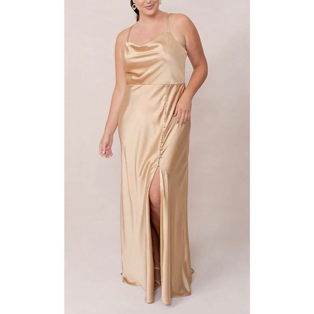 Revelry Billie Gold Satin Side Slit Wedding Guest Bridesmaid Evening Gown Dress